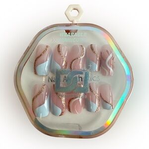 Pink & White Long Wearable Press On Nail  Set w/ rose gold bling detail 22 pc se